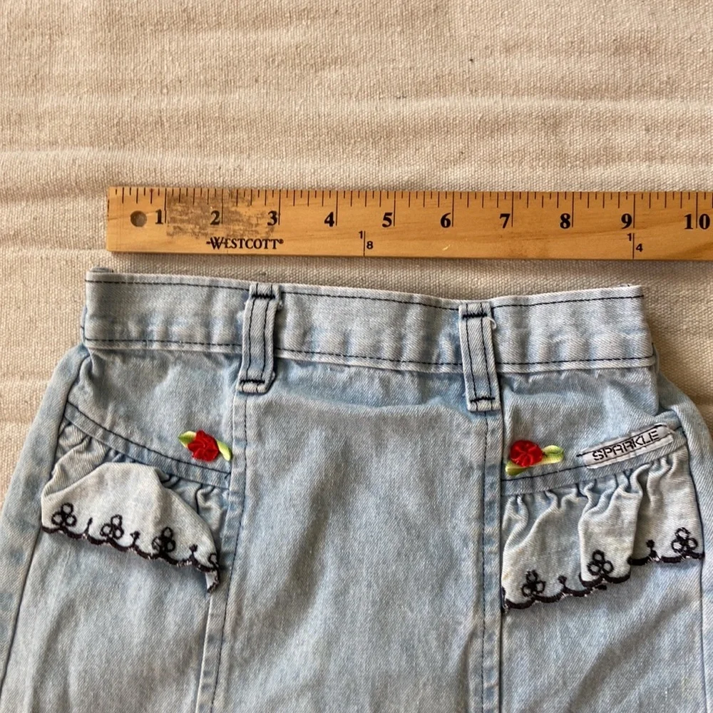 VINTAGE 80s 90s Skirt Denim Lace Grunge 6 Kids Dress Roses Light Wash Acid Mini